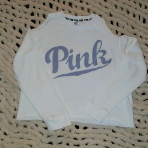PINK cold shoulder white fleece sweatshirt. Like new!